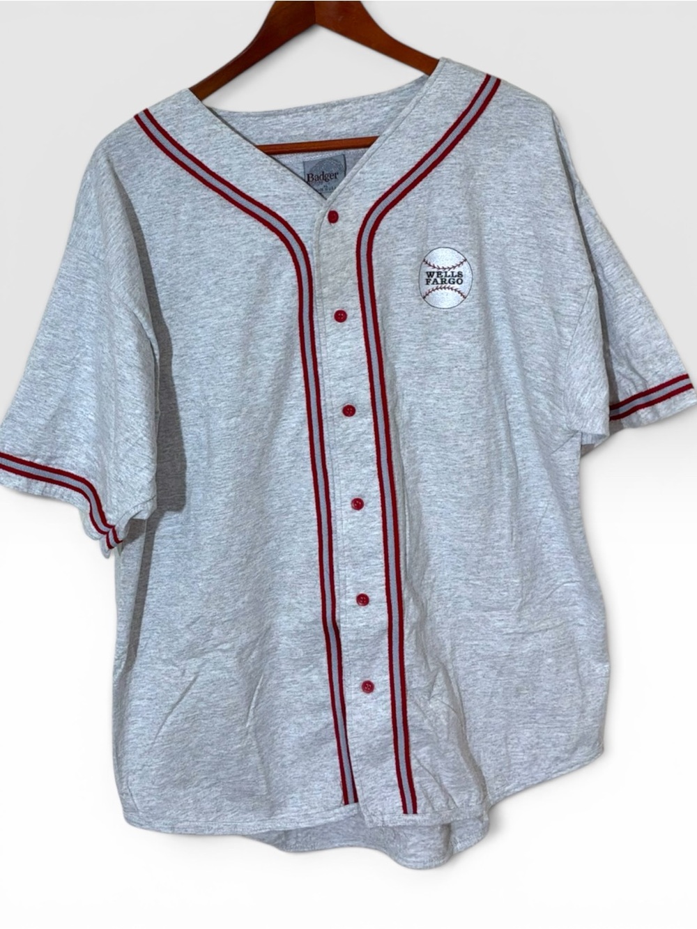 Vintage Wells Fargo Baseball Jersey USA Made Cotton XL White Red Button Front